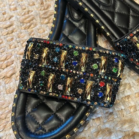 Black and Gold Studded Women's Slides - Picture 2 of 6